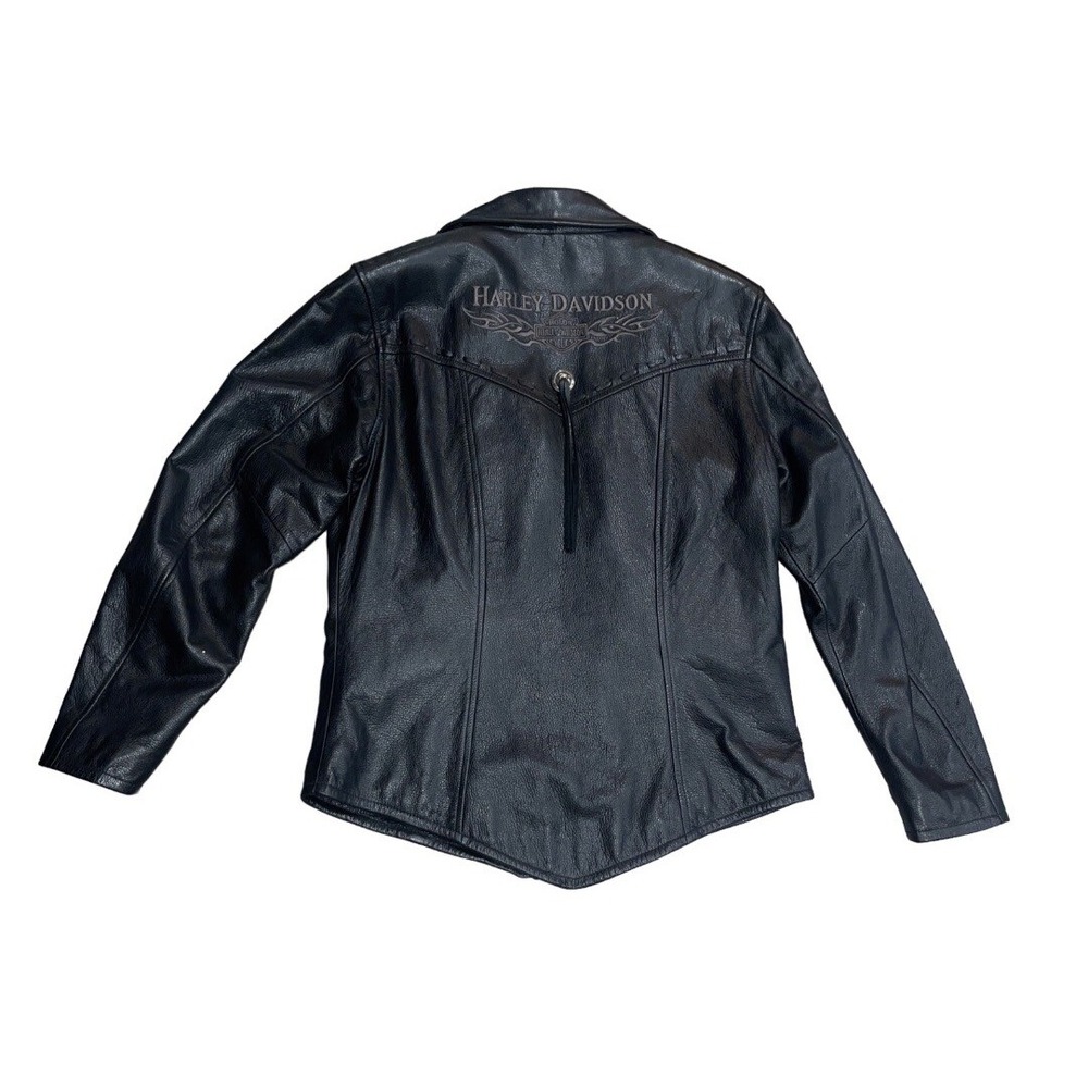 Harley Davidson Motor Cycle Women M Black Leather Teal Liner Jacket Coat Fringe
